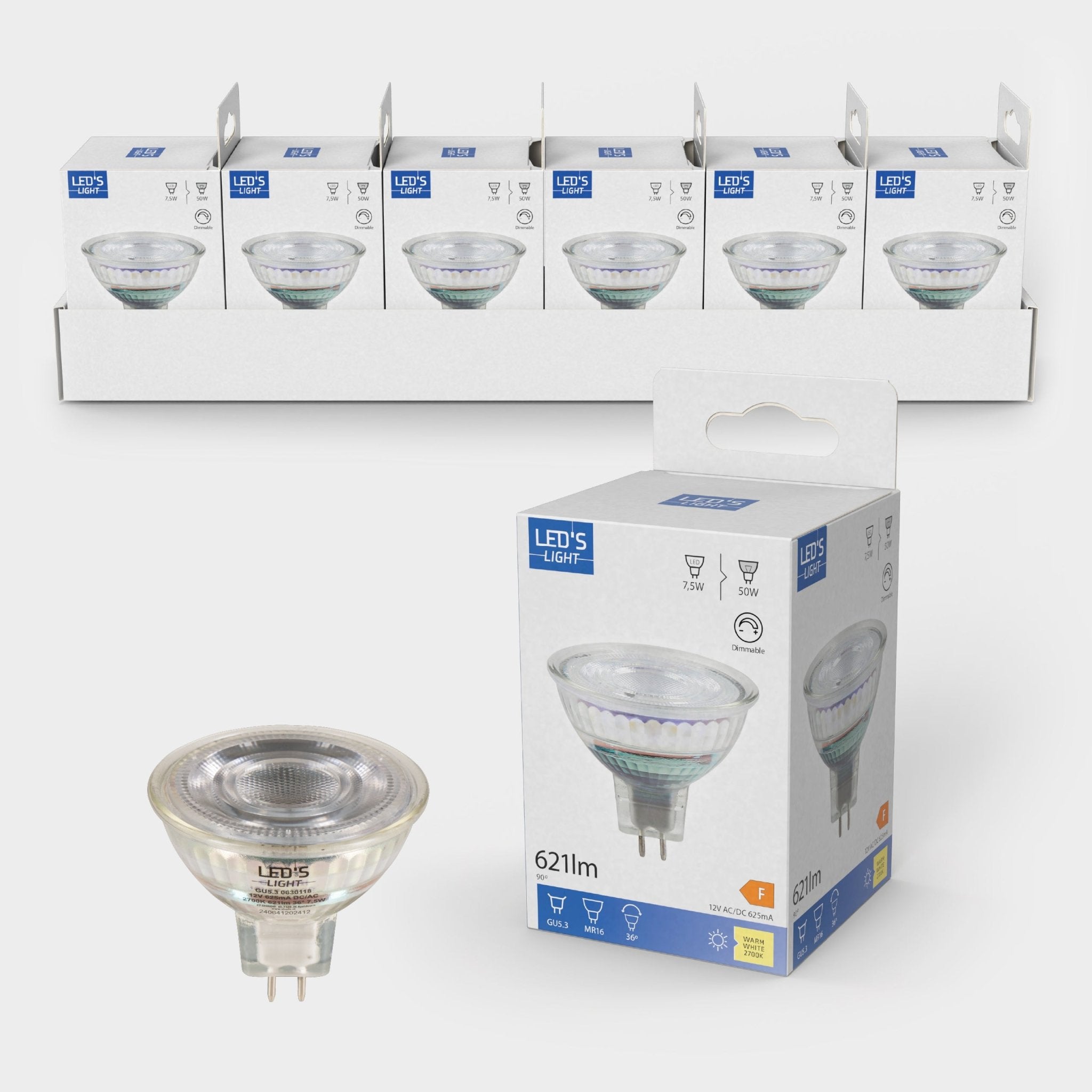 LED's Light LED lamp met GU5.3 fitting - Dimbaar warm wit - 7W vervangt 50W - MR16 Spotjes LED.nl