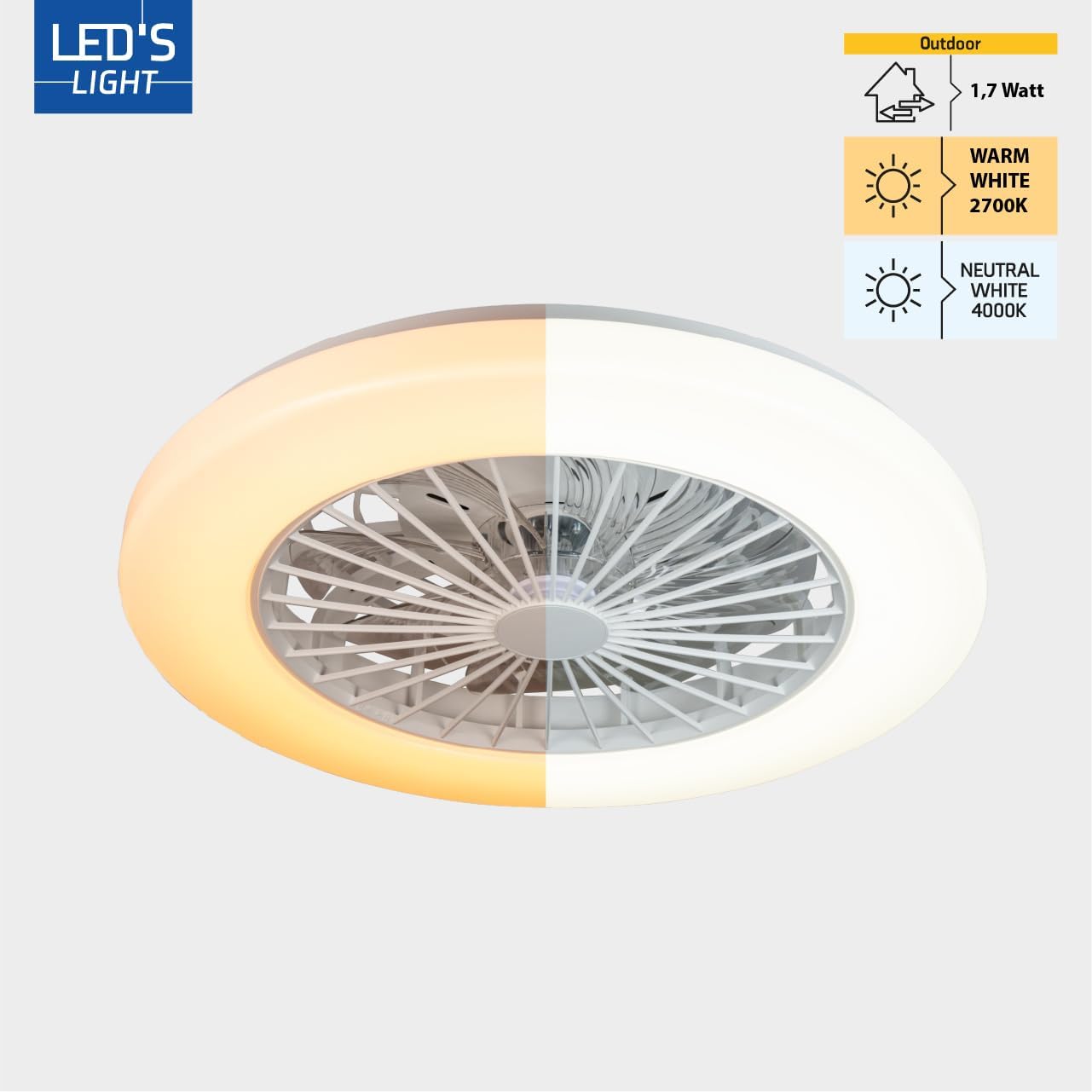 LED’s Light plafondventilator met verlichting 48 cm – Ventilatiesnelheid en bediening met afstandsbediening - Wit Plafondventilatoren LED.nl