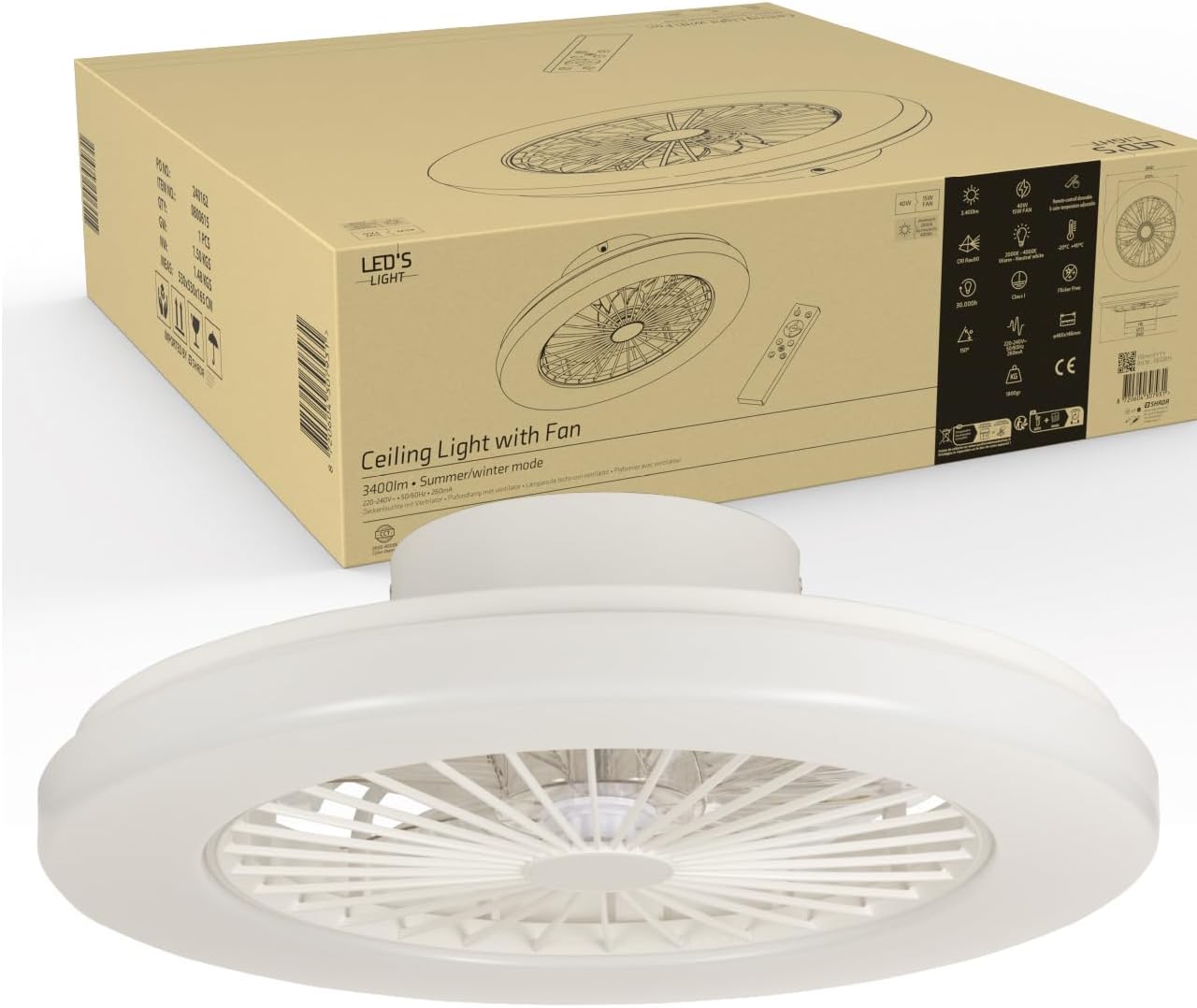 LED’s Light plafondventilator met verlichting 48 cm – Ventilatiesnelheid en bediening met afstandsbediening - Wit Plafondventilatoren LED.nl