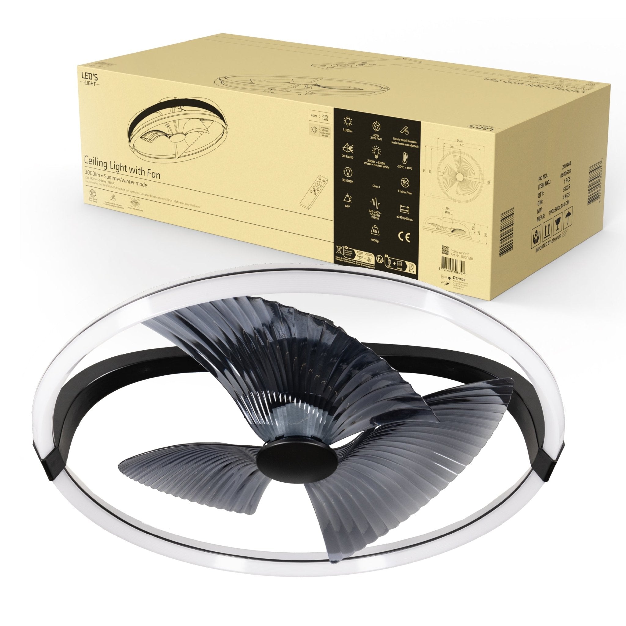 LED's Light Plafondventilator XL 74 cm - Bedienbaar met afstandsbediening - Zwart Plafondventilatoren LED.nl