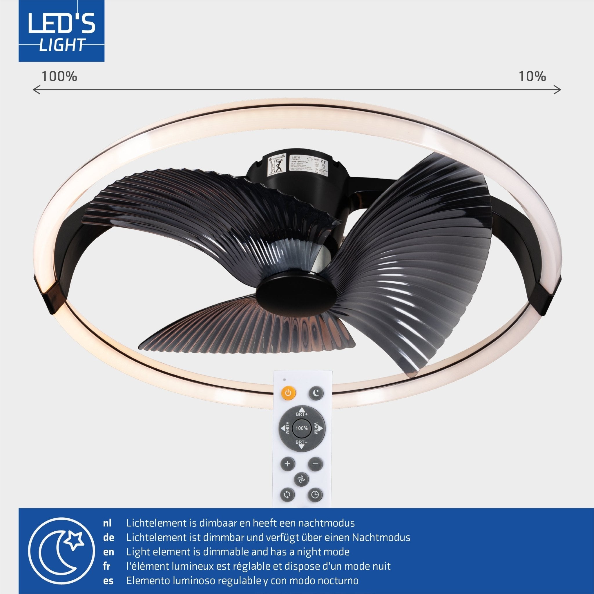 LED's Light Plafondventilator XL 74 cm - Bedienbaar met afstandsbediening - Zwart Plafondventilatoren LED.nl