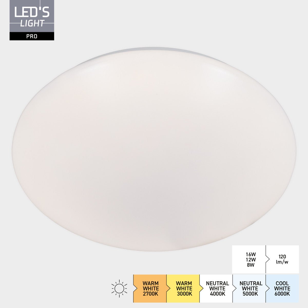 LED's Light Pro Plafondarmatuur - 16W 1920lm 2700K/3000K/4000K/5000K/6000K - Ø350mm IP54 IK08 Vermogen verstelbaar - LED.nl