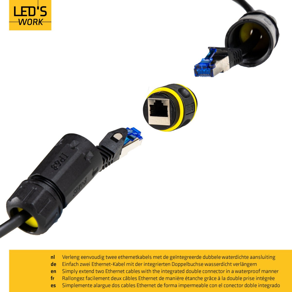 LED's Work Ethernet connector RJ45-connector I-vorm – CAT6A – Ø4,5–7,5 mm kabel – IP68 Kabelverbinders LED.nl