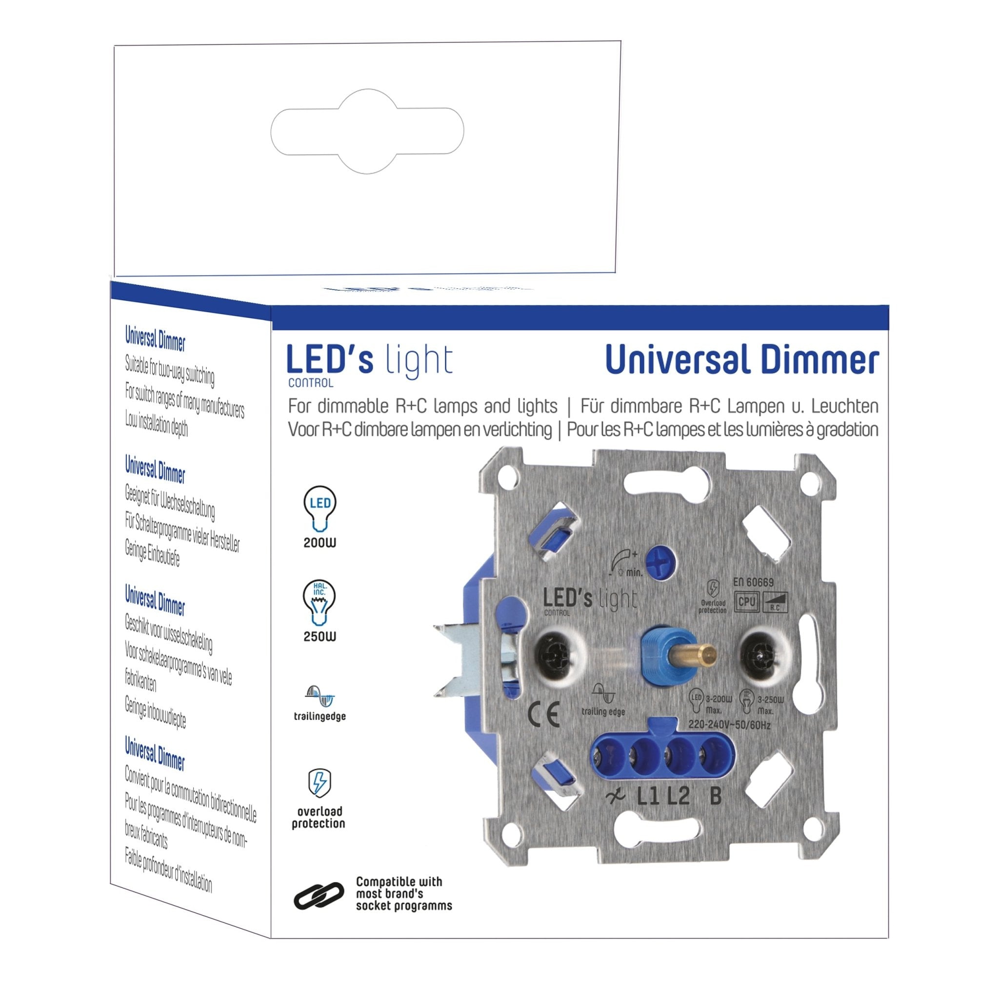 Universele LED draai dimmer tot 250 watt - Geschikt voor alle dimbare lampen - 2 draads Dimmers Led.nl