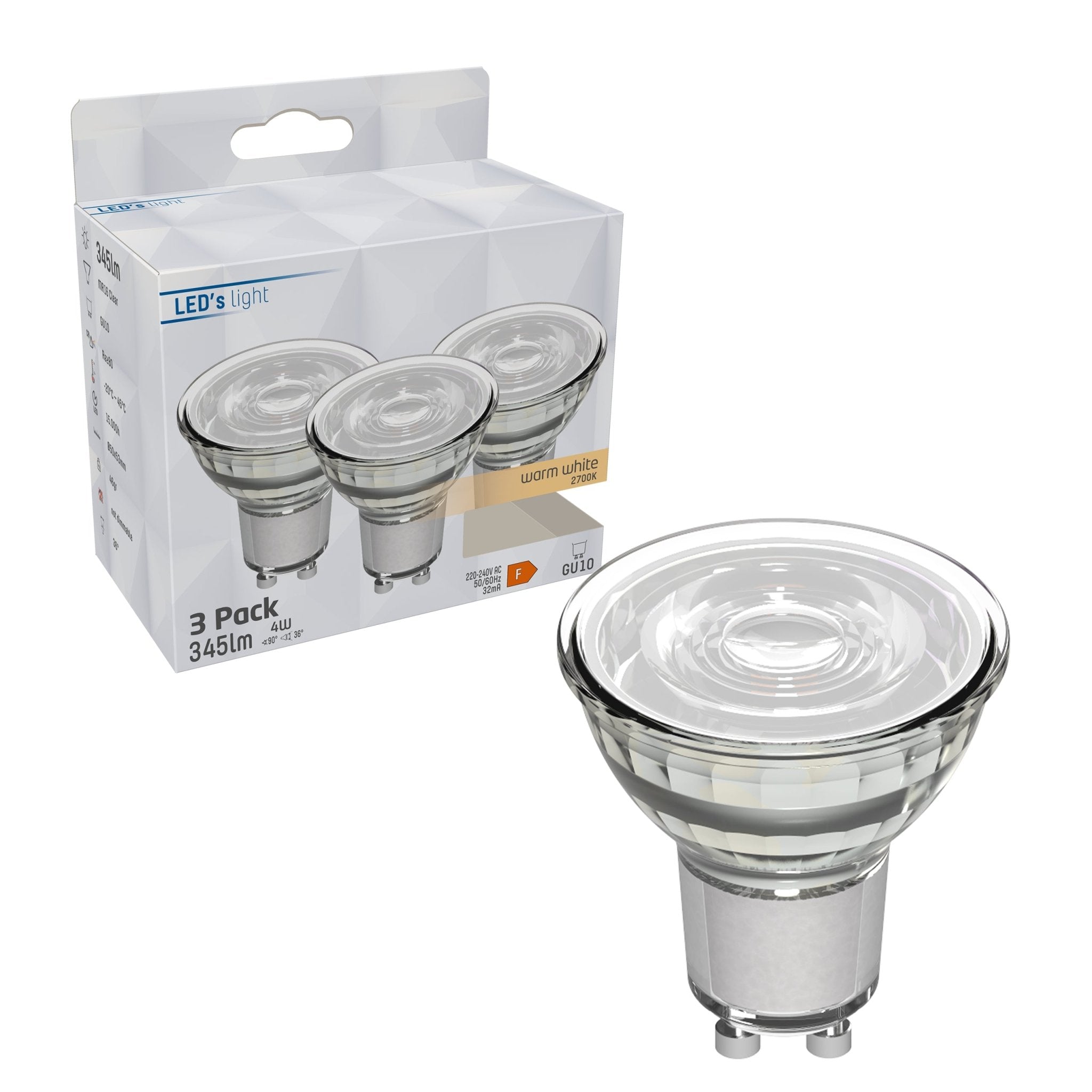 GU10 LED Spots - Warm wit licht - 4W/50W - 345 lm - 3PACK Spotjes LED.nl