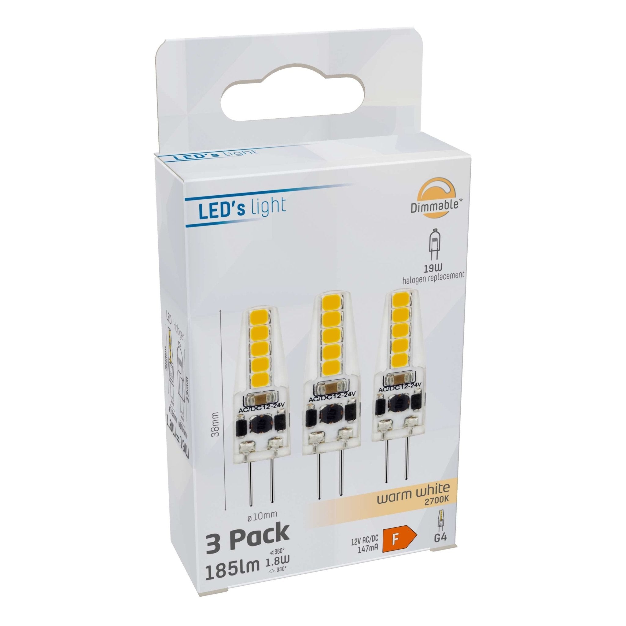 LongLife LED Steeklamp G4 - 12V - Dimbaar warm wit licht - 1.9W (20W) - 3 lampjes Dimbare steeklampjes LED.nl