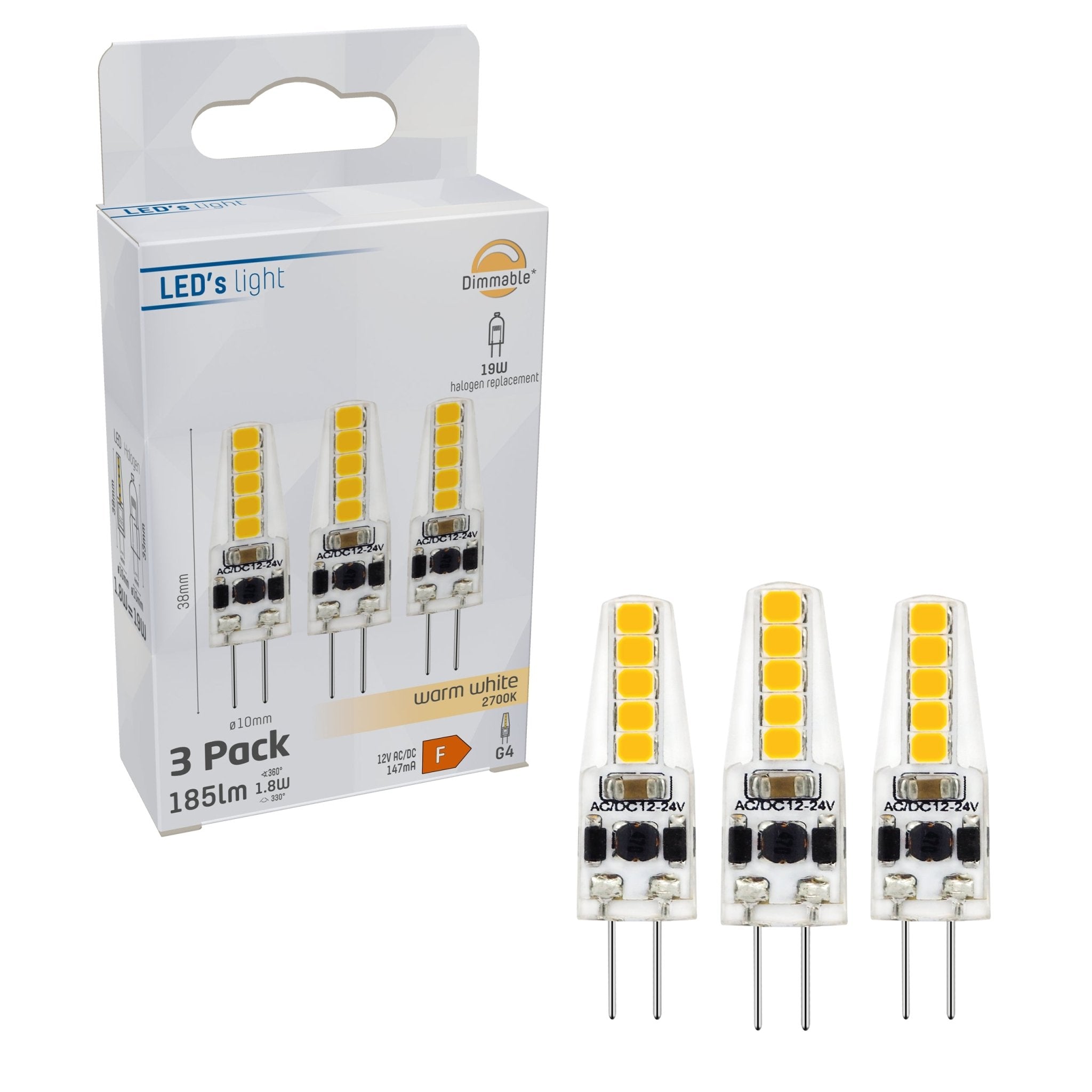 LongLife LED Steeklamp G4 - 12V - Dimbaar warm wit licht - 1.9W (20W) - 3 lampjes Dimbare steeklampjes LED.nl