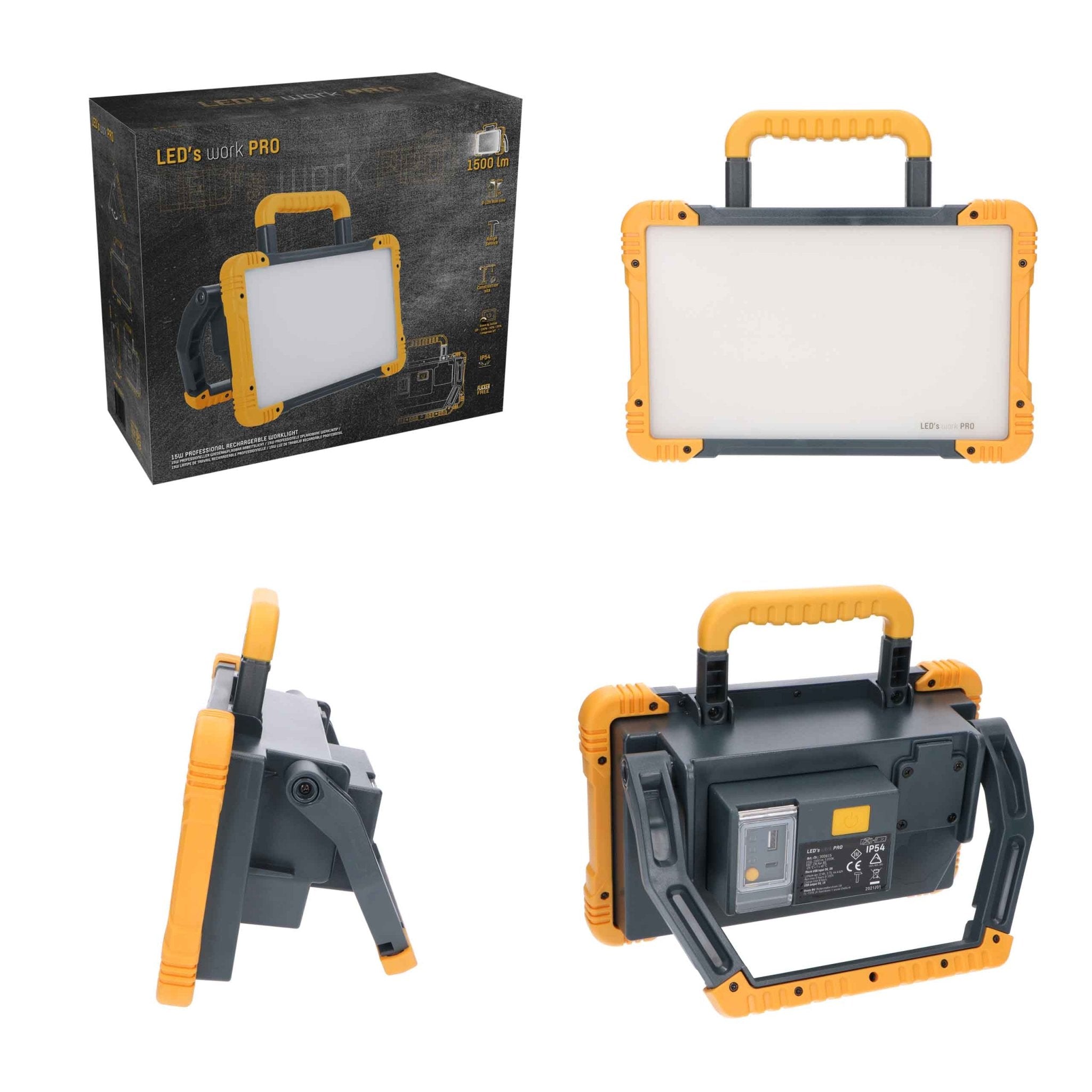 LED's Work Oplaadbare LED Bouwlamp 1500 - Draadloze werking op accu – IP54 – Rough Service Tested Bouwlampen LED.nl