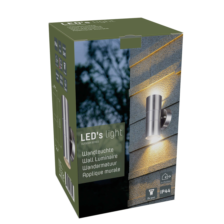3 pack LED's Light RVS LED Muurlamp Buiten - Spot met 2 x GU10 fitting - Model Catania - IP44 - Zilver Spotjes LED.nl