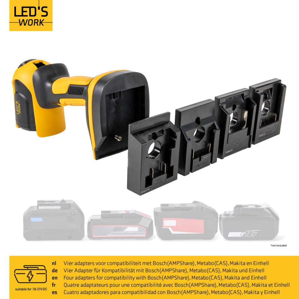 LED's Work 18V Accu werklamp incl Adapters voor elektrisch gereedschap - 5W 500lm 5000K - IP20 IK08 Werklampen LED.nl