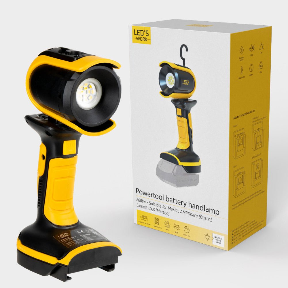 LED's Work 18V Accu werklamp incl Adapters voor elektrisch gereedschap - 5W 500lm 5000K - IP20 IK08 Werklampen LED.nl
