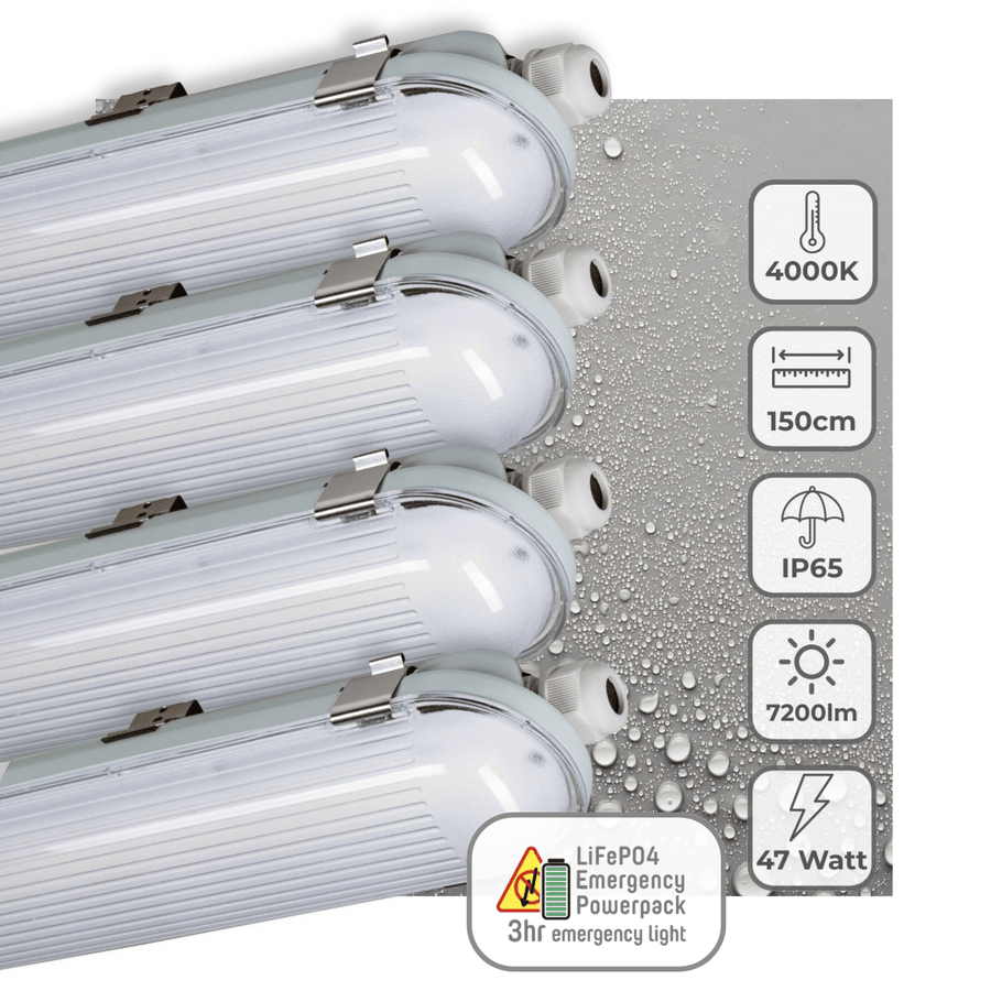 4 PACK - LED's Light PRO Philipps LED TL armatuur 150 cm - Met noodaccu - 185lm/w - Energielabel B - 47W 7200lm 4000K LED.nl