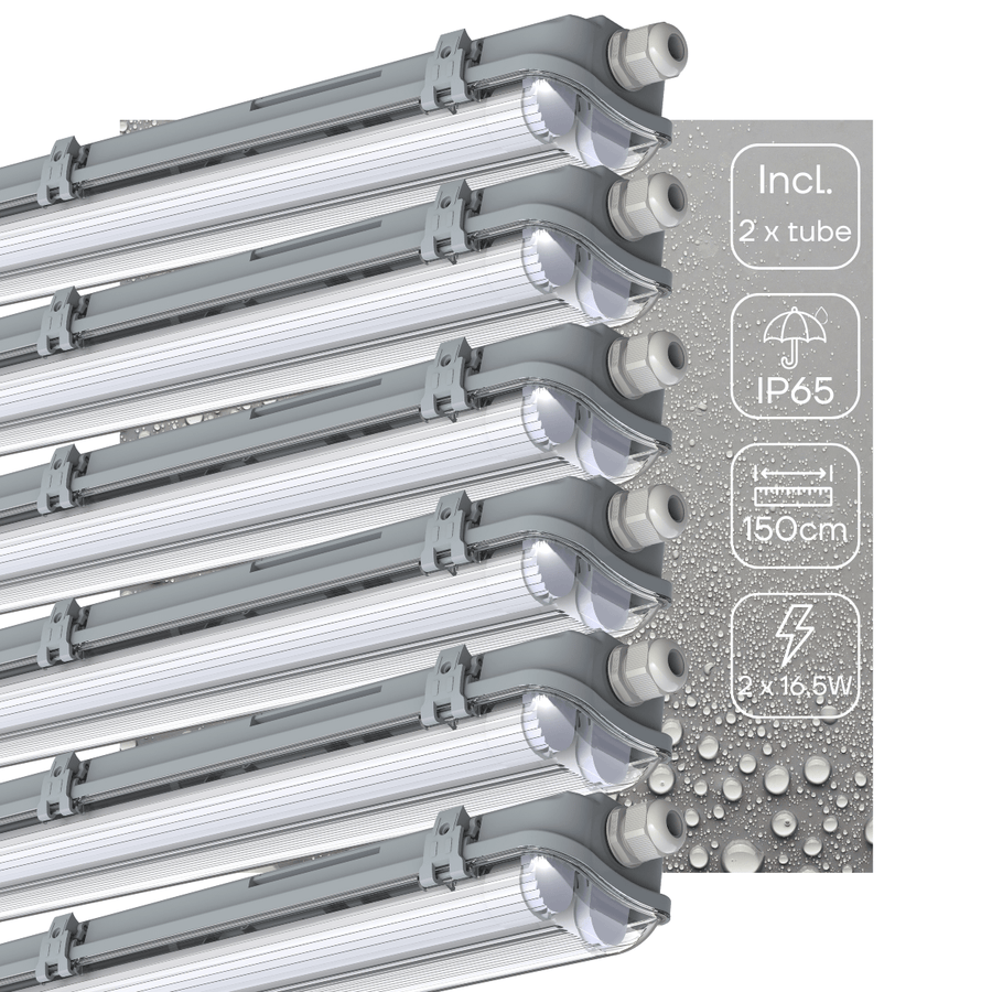 6er-Pack – Doppelte LED-Leuchtstofflampe 150 cm – inklusive LED-Röhren – für Innen und Außen – 6120 lm – 2 x 16,5 W – 4000 K – 185 lm/W – Energieeffizienzklasse B - LED.de