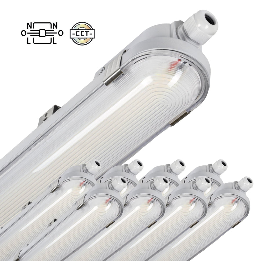 9er-Pack – LED-Leuchte mit LED-Streifen, verbindbar, Farbtemperatur/Leistungsauswahl – 180 lm/W, 39 W, 150 cm, 7020 lm, 3000 K/4000 K/6500 K – Schutzart IP65, IK08 - LED.de