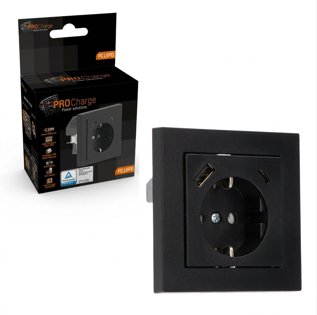 ProCharge Wandcontactdoos met USB-C en USB snelladers - Universeel - Zwart
