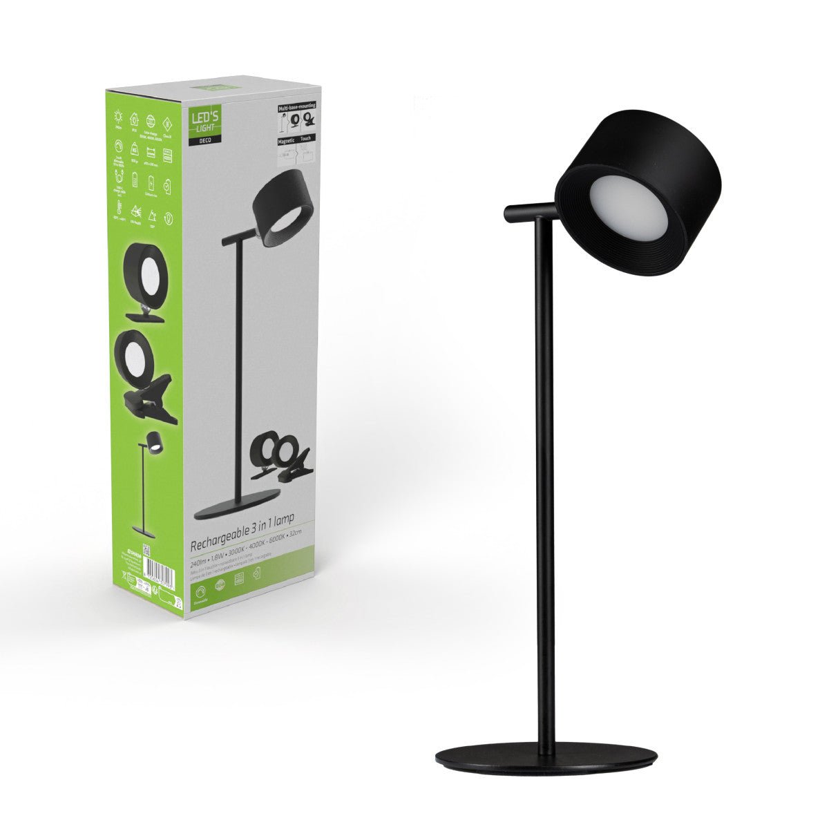 LED's Light 3 - in - 1 Draadloos Oplaadbaar Spotje - Tafellamp, Klemlamp & Wandlamp - Zwart - LED.nl
