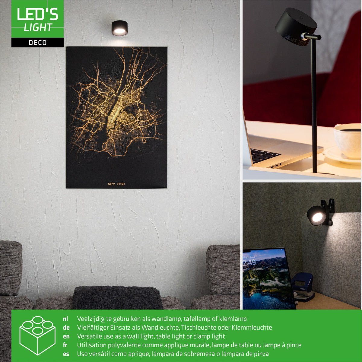 LED's Light 3 - in - 1 Draadloos Oplaadbaar Spotje - Tafellamp, Klemlamp & Wandlamp - Zwart - LED.nl