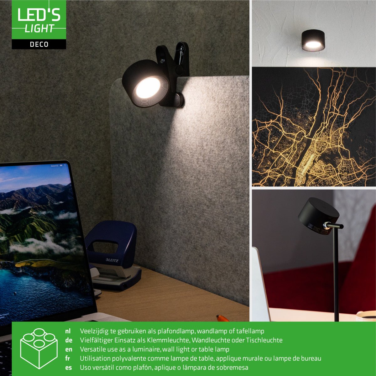 LED's Light 3 - in - 1 Draadloos Oplaadbaar Spotje - Tafellamp, Klemlamp & Wandlamp - Zwart - LED.nl