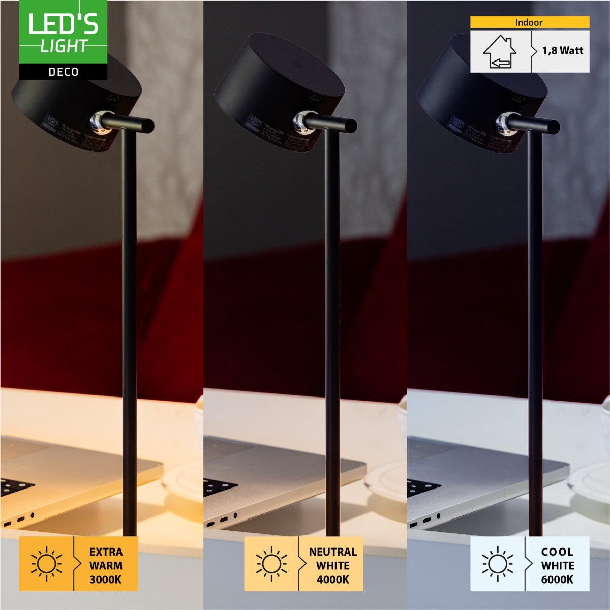 LED's Light 3 - in - 1 Draadloos Oplaadbaar Spotje - Tafellamp, Klemlamp & Wandlamp - Zwart - LED.nl