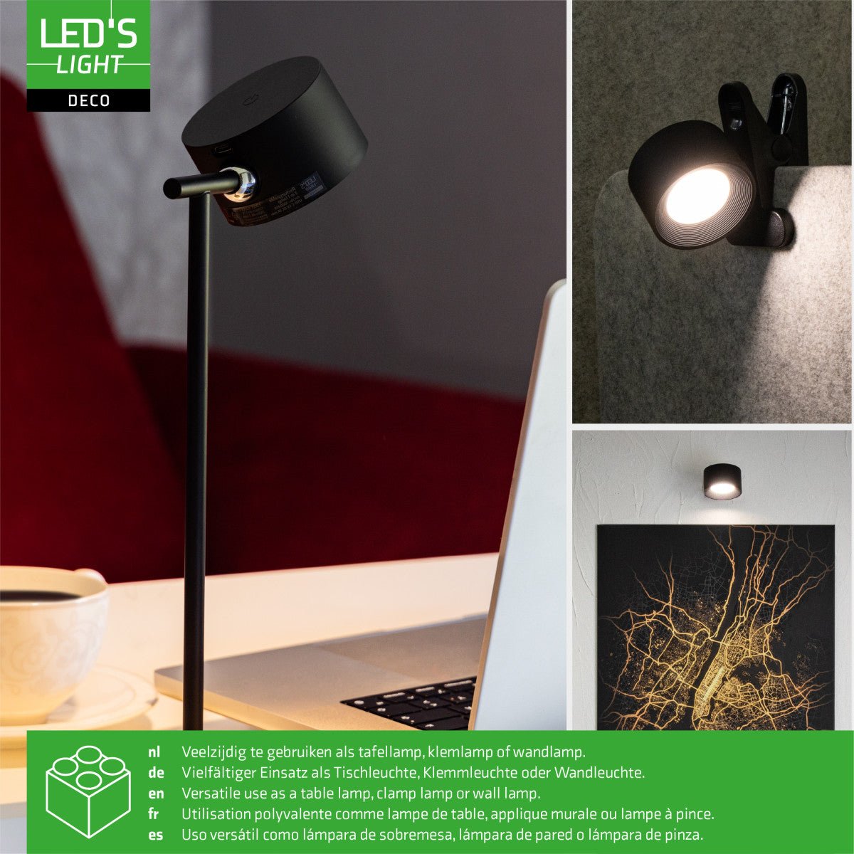 LED's Light 3 - in - 1 Draadloos Oplaadbaar Spotje - Tafellamp, Klemlamp & Wandlamp - Zwart - LED.nl