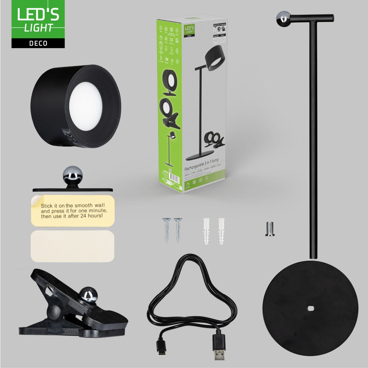LED's Light 3 - in - 1 Draadloos Oplaadbaar Spotje - Tafellamp, Klemlamp & Wandlamp - Zwart - LED.nl