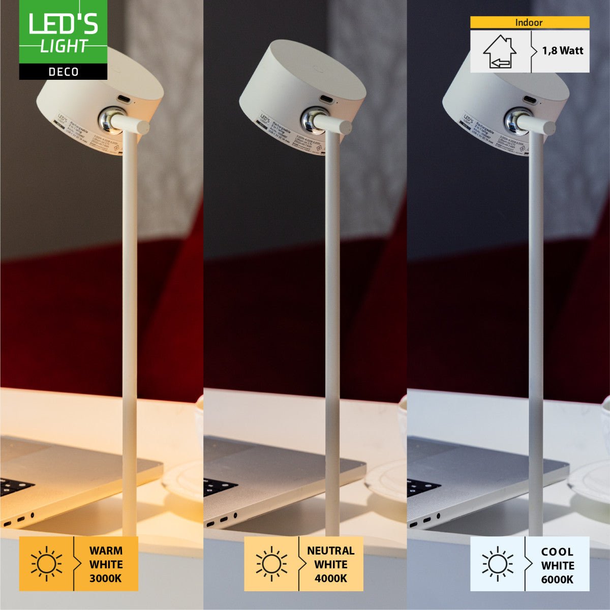 LED's Light 3 - in - 1 draadloze oplaadbare lamp met magnetische muurbeugel, voet en klem - Wit - LED.nl