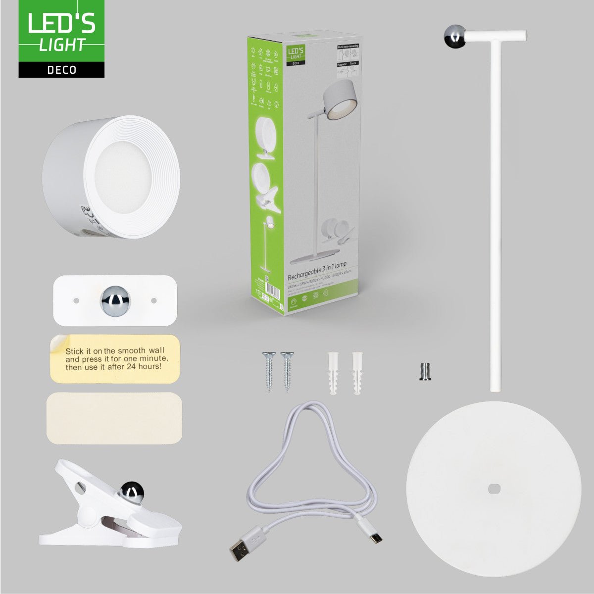 LED's Light 3 - in - 1 draadloze oplaadbare lamp met magnetische muurbeugel, voet en klem - Wit - LED.nl