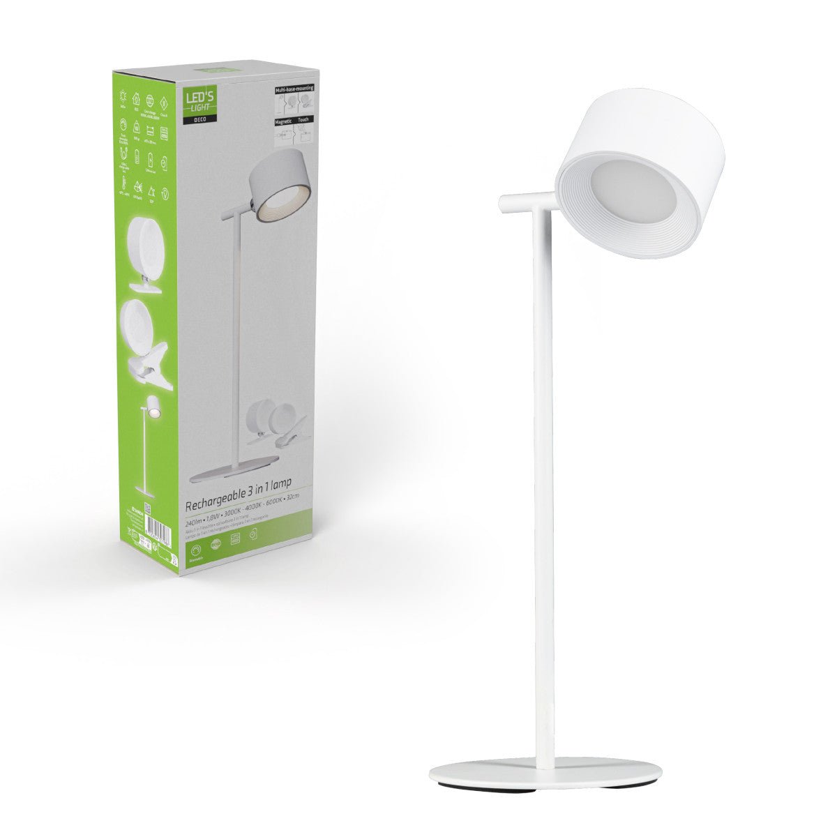 LED's Light 3 - in - 1 draadloze oplaadbare lamp met magnetische muurbeugel, voet en klem - Wit - LED.nl
