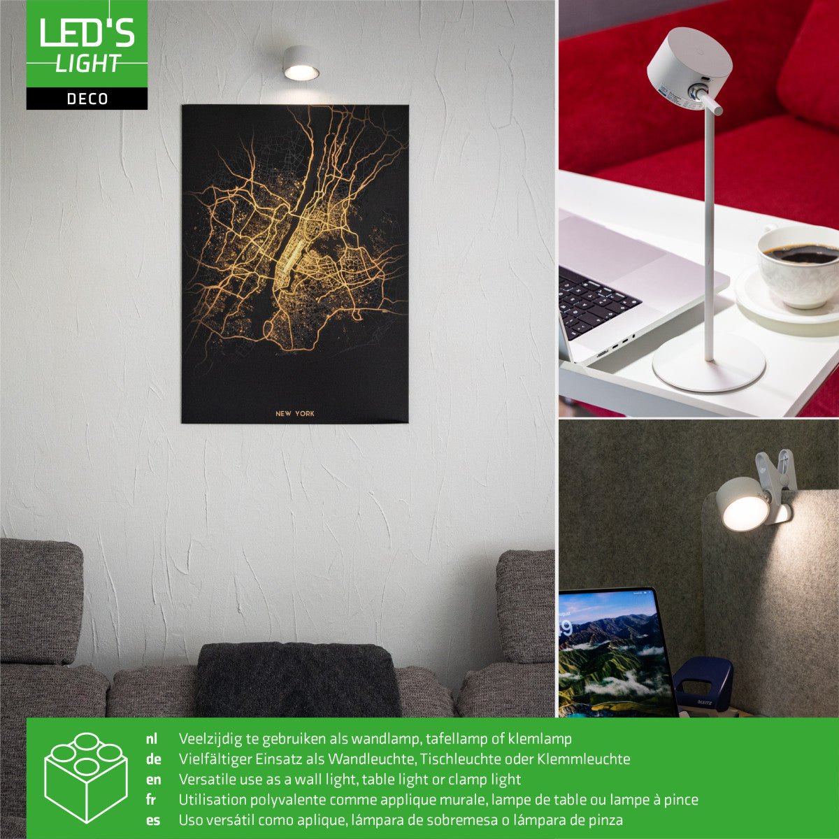 LED's Light 3 - in - 1 draadloze oplaadbare lamp met magnetische muurbeugel, voet en klem - Wit - LED.nl