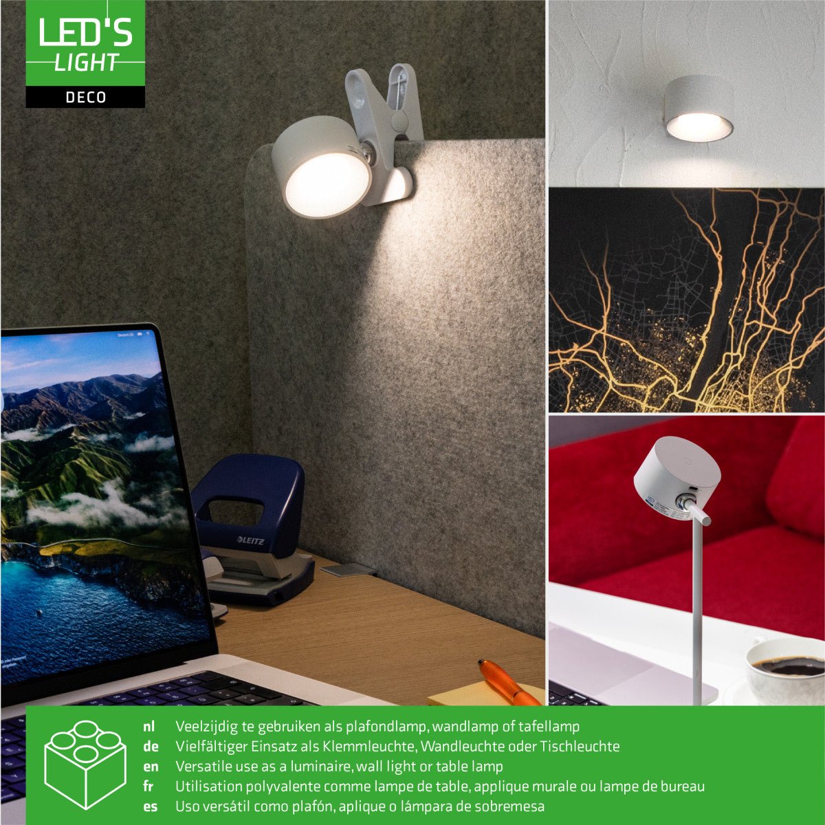 LED's Light 3 - in - 1 draadloze oplaadbare lamp met magnetische muurbeugel, voet en klem - Wit - LED.nl