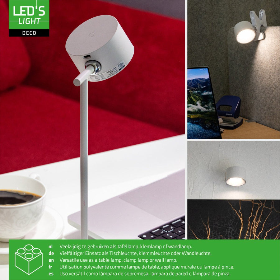 LED's Light 3-in-1 draadloze oplaadbare lamp met magnetische muurbeugel, voet en klem - Wit Tafellampen Led.nl