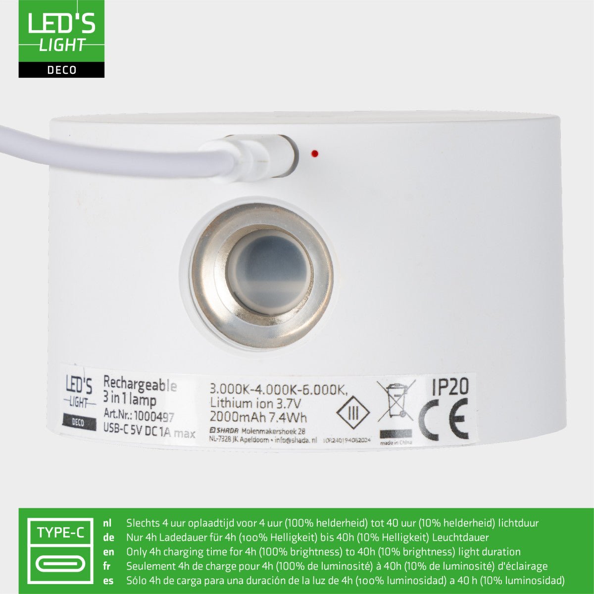 LED's Light 3 - in - 1 draadloze oplaadbare lamp met magnetische muurbeugel, voet en klem - Wit - LED.nl