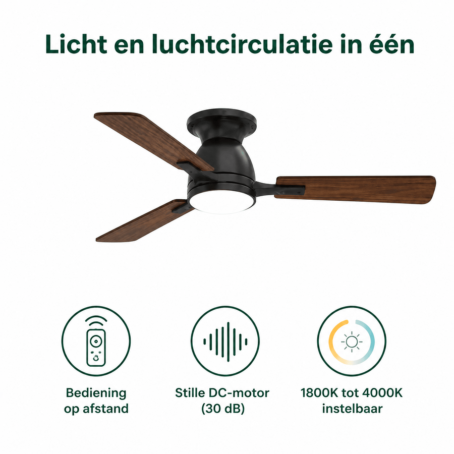 LED's Light Plafondventilator met lamp 106cm 2in1 Hout/Zwart 53W 2200lm 1800K/4000K Plafondventilatoren LED.nl