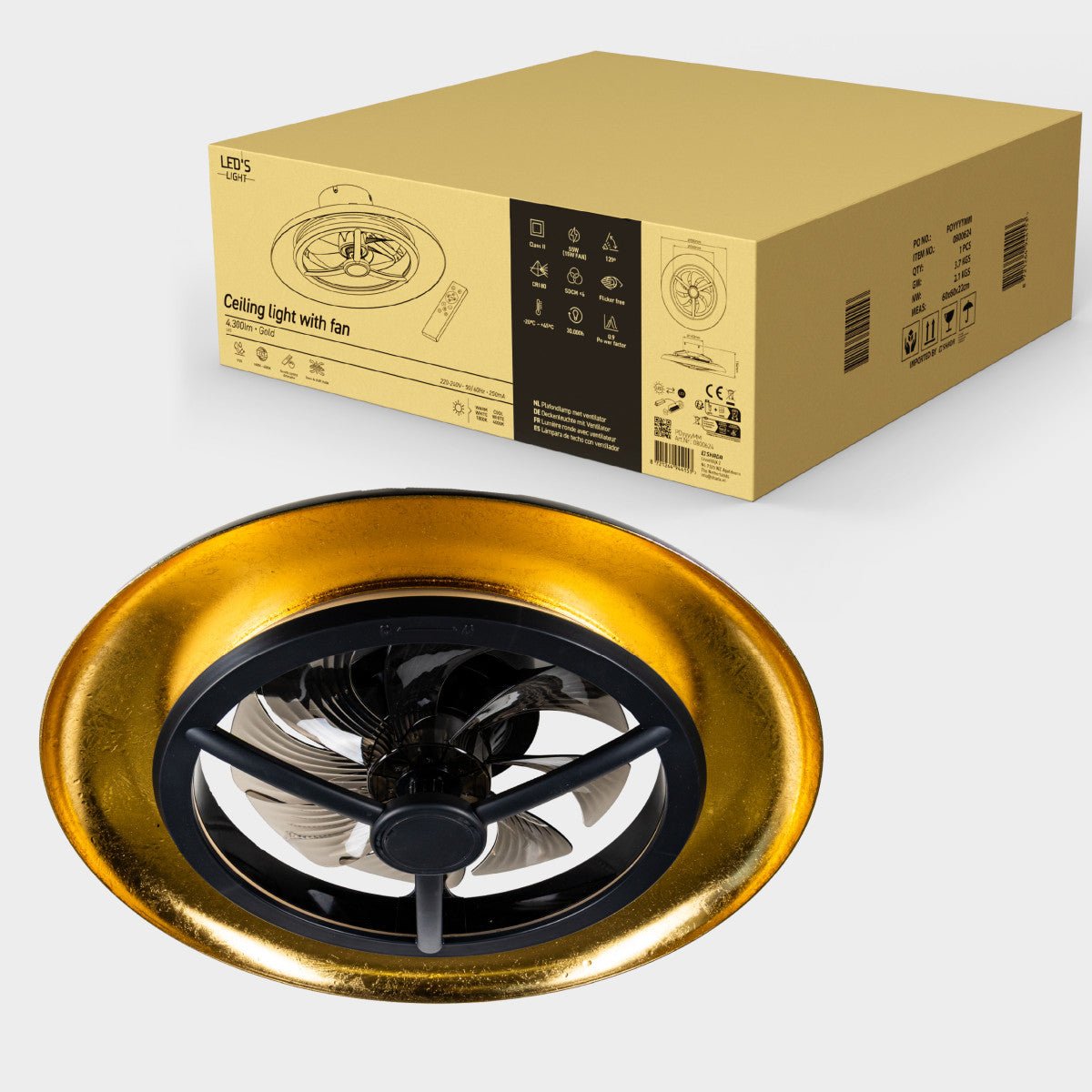 LED's Light Plafondventilator met lamp Goud met Zwart 55W 4300lm 1800K/4000K 55cm Plafondventilatoren LED.nl