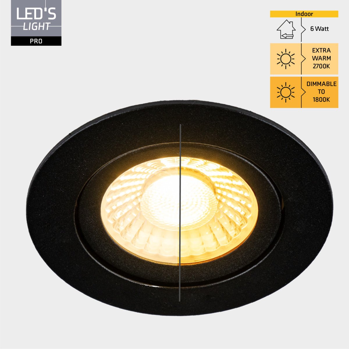 LED's Light PRO - 6 PACK - downlight inbouwspot Ø 68mm - Kantelbaar - Spatwaterdicht - Dim to Warm - Zwart - LED.nl