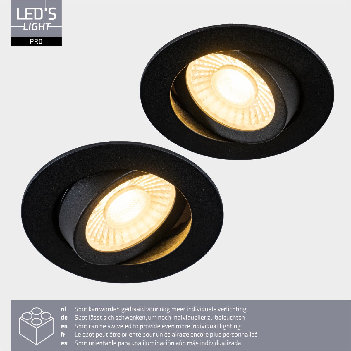 LED's Light PRO - 6 PACK - downlight inbouwspot Ø 68mm - Kantelbaar - Spatwaterdicht - Dim to Warm - Zwart - LED.nl