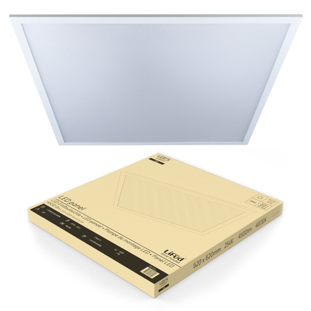LED's Light Pro Paneel - 180lm/w - 25W 4500lm 4000K UGR<19 - 620x620mm - Lifud-driver - Wit - Duitse maat Panelen LED.nl