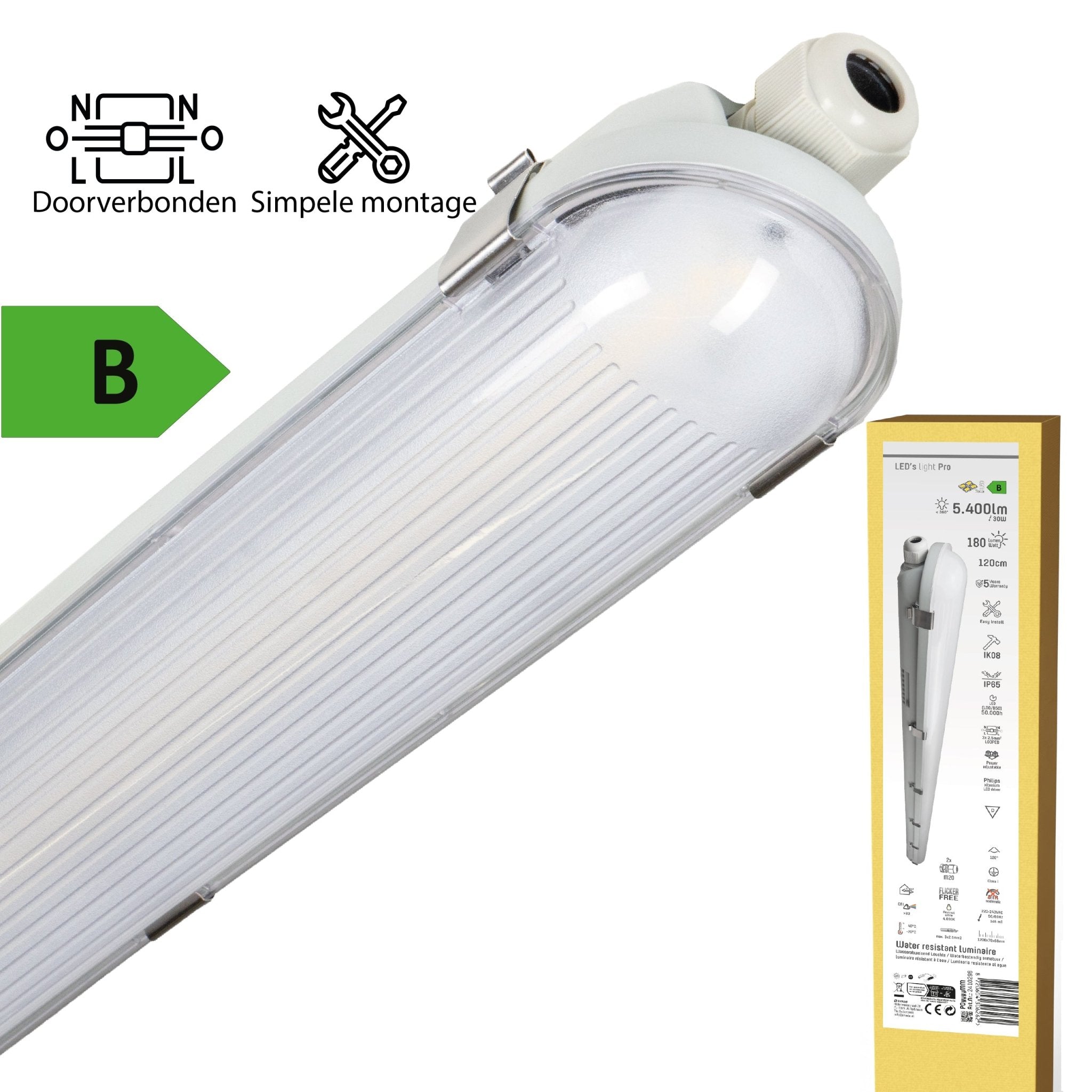 LED's Light Pro Philipps TL armatuur met strip 120 cm - Koppelbaar - Power switch - Energielabel B - 5400 lm - 185lm/w - 30W - 4000K TL verlichting LED.nl