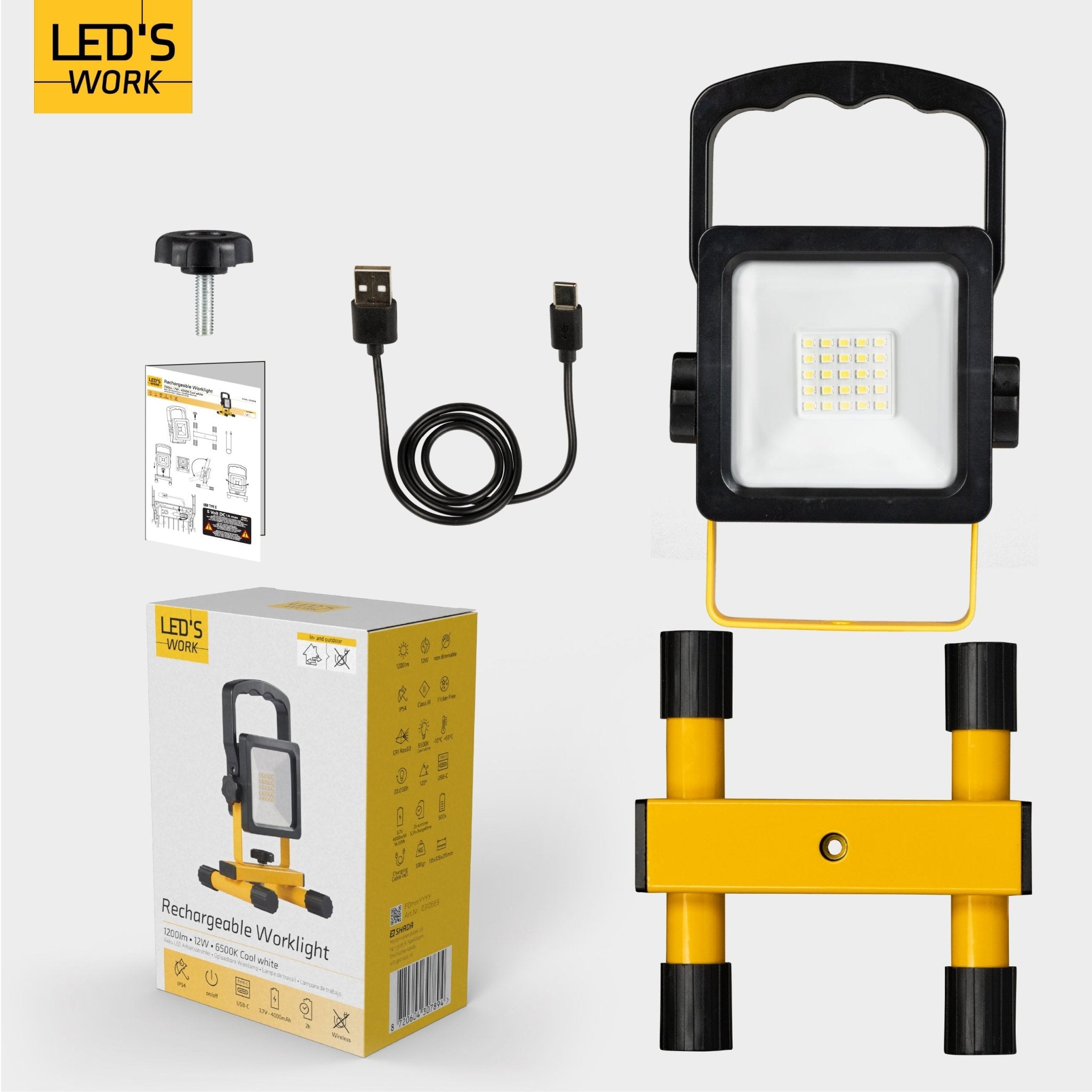 LED's Work draadloze LED Bouwlamp op accu 1200 - Oplaadbaar en kantelbaar - Zwart geel - LED.nl