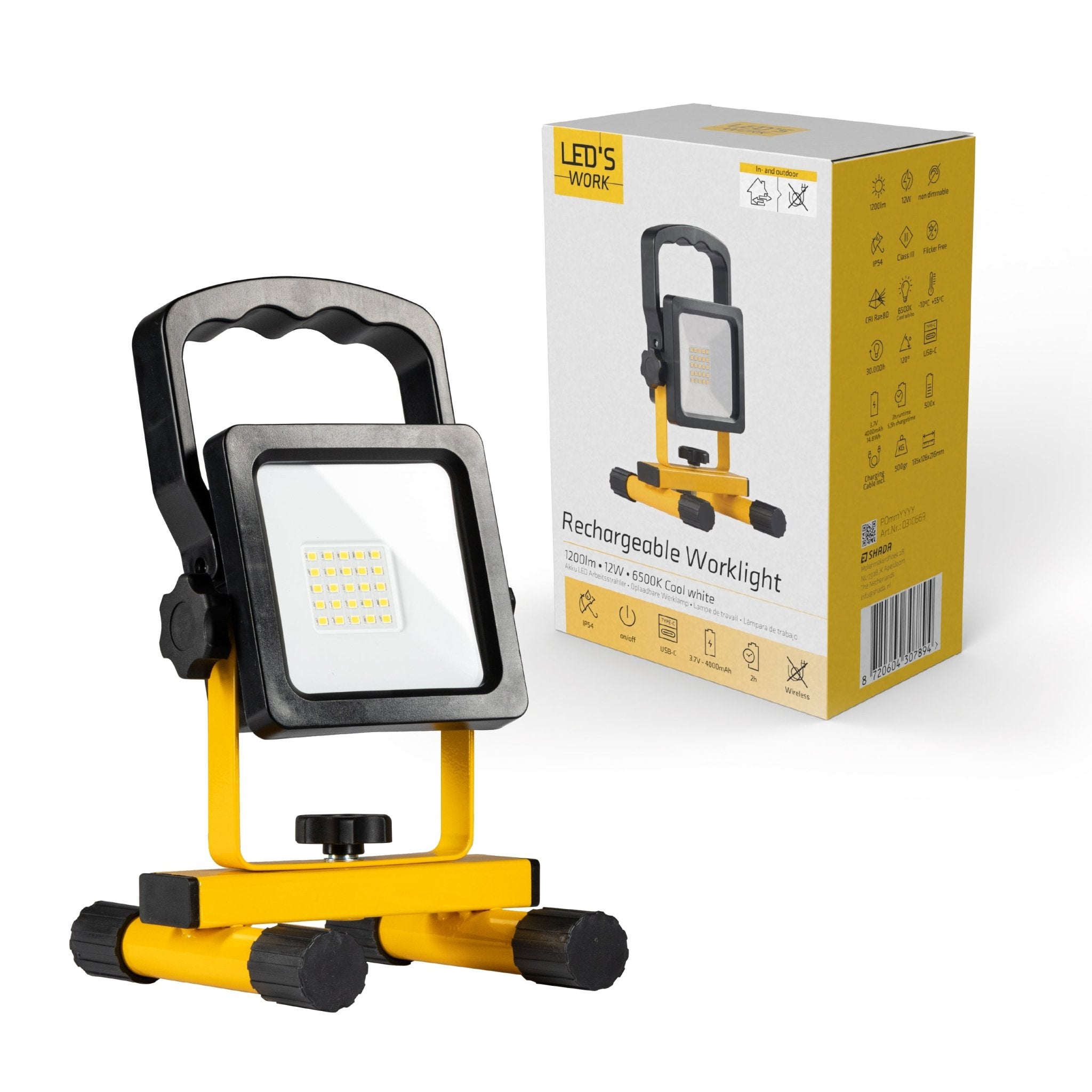 LED's Work draadloze LED Bouwlamp op accu 1200 - Oplaadbaar en kantelbaar - Zwart geel - LED.nl