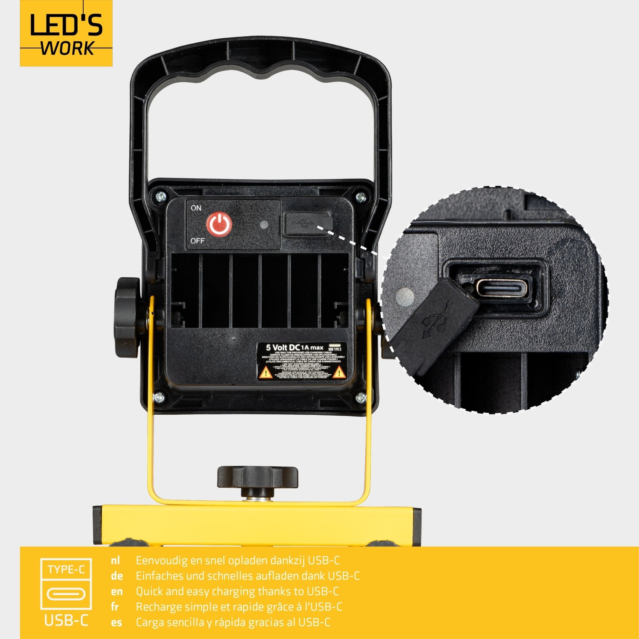 LED's Work draadloze LED Bouwlamp op accu 1200 - Oplaadbaar en kantelbaar - Zwart geel - LED.nl