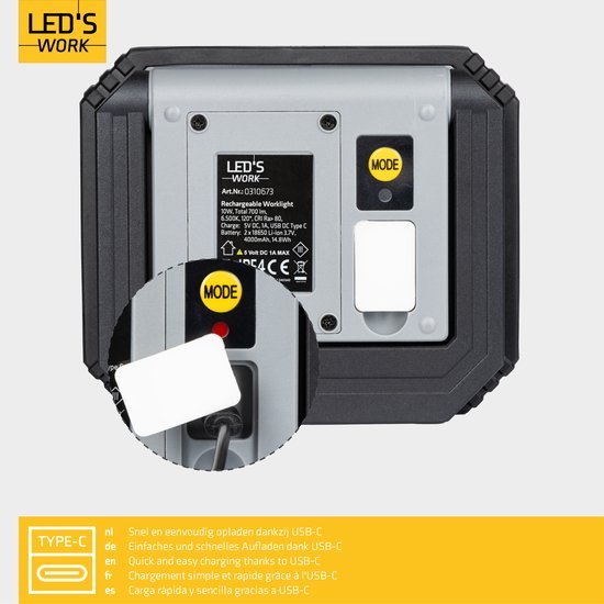 LED's Work Oplaadbare LED werklamp met accu 700 - Draadloos en draagbaar - 10W - LED.nl