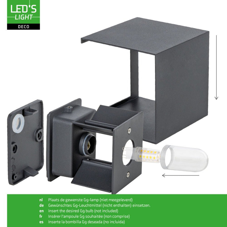 Lumo Cube Antraciet - Wandarmatuur zonder lichtbron - Excl 1xG9 - IP65 Wandlampen LED.nl