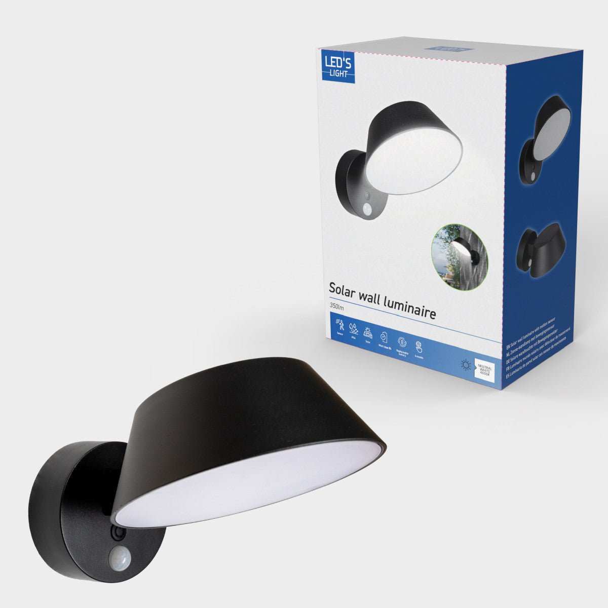 Solar Wandlamp Buitenlamp met Bewegingssensor - 350lm - 4000K - Zwart - IP54 - Sensor - LED.nl
