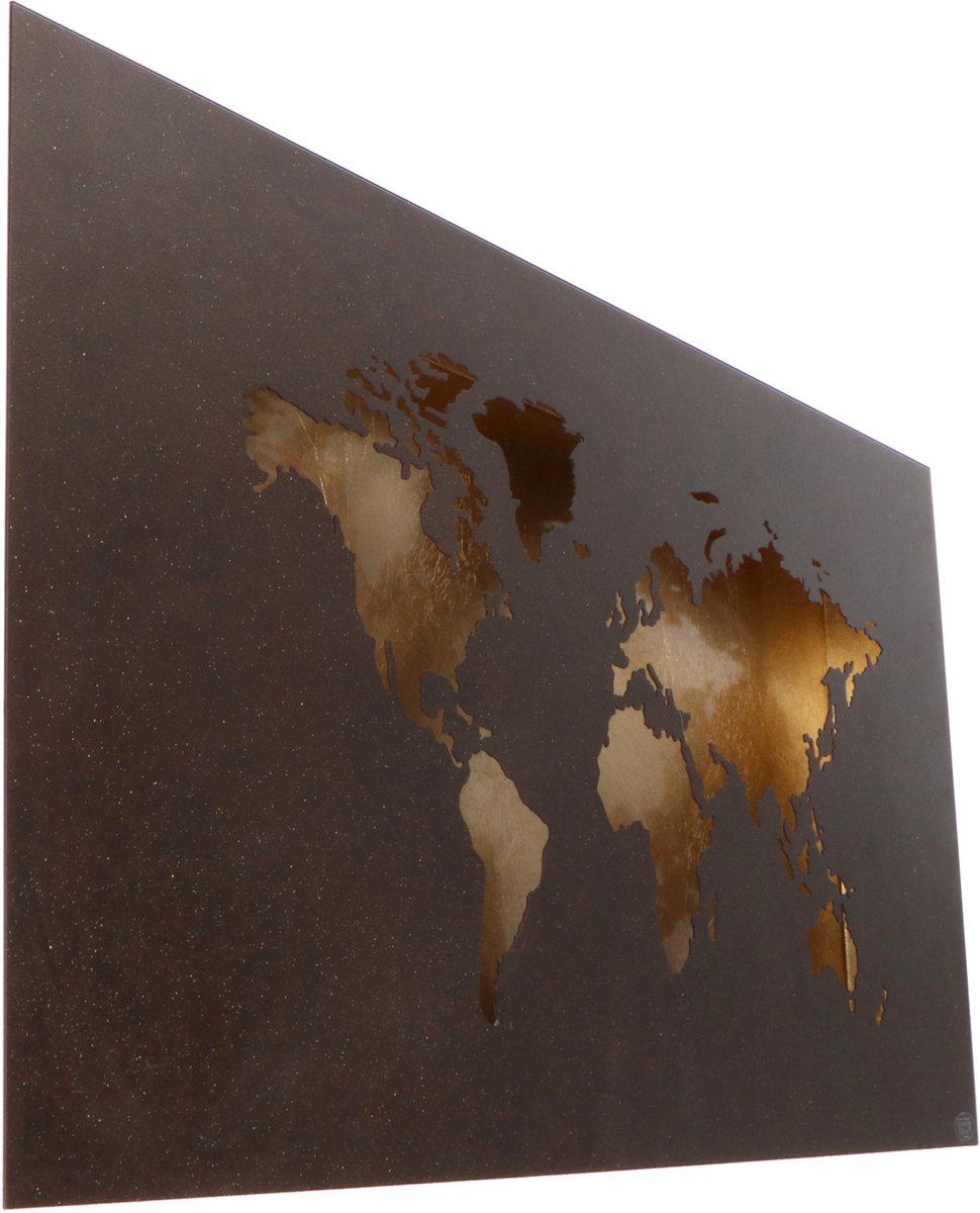 Design LED Wereldkaart wanddecoratie met verlichting - 60 x 30 cm - Bruin goud metaal - LED.nl
