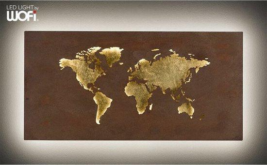 Design LED Wereldkaart wanddecoratie met verlichting - 60 x 30 cm - Bruin goud metaal - LED.nl