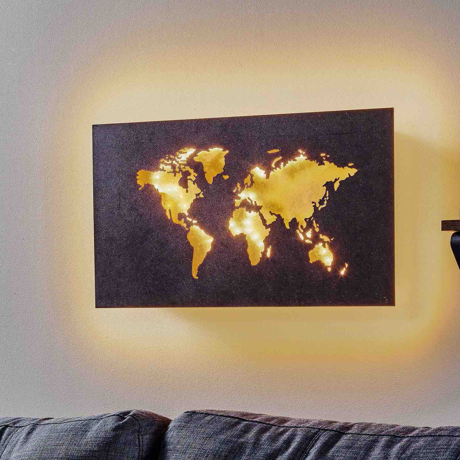 Design LED Wereldkaart wanddecoratie met verlichting - 60 x 30 cm - Bruin goud metaal - LED.nl