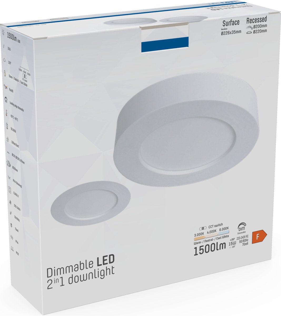 Inbouw/Opbouw LED Plafondlamp CCT Ø 20 cm rond - Dimbaar - warm en koud wit Plafondlampen LED.nl
