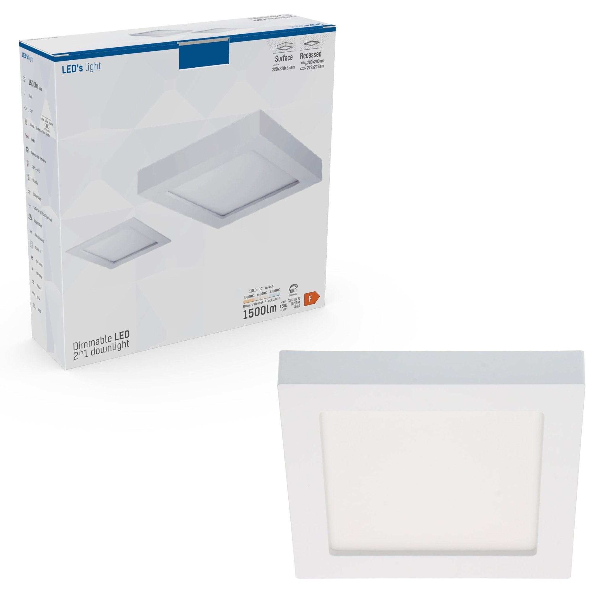 Inbouw/Opbouw LED Plafondlamp CCT Ø 20 cm vierkant - Dimbaar - warm en koud wit - LED.nl
