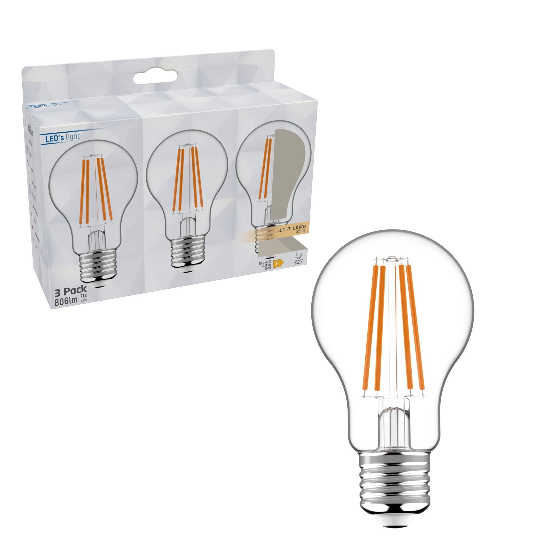 LED Filament Lamp E27 - Warm wit licht - 7W vervangt 60W - 3 lampen - LED.nl